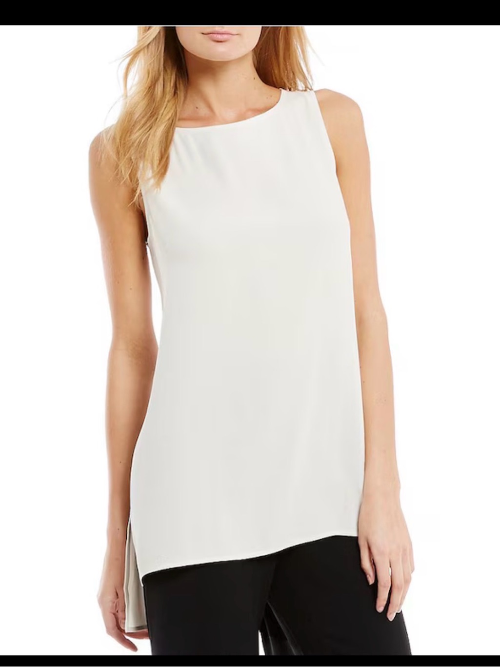 Eileen Fisher Silk Georgette Crepe Boat Neck Sleeveless Tunic In Bone Euc